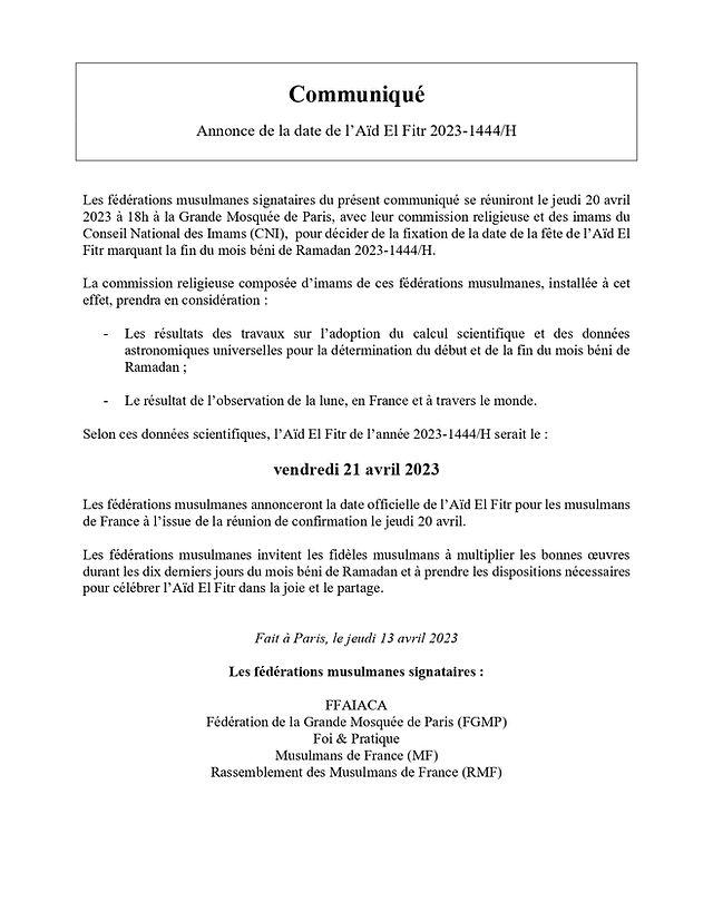 Mosquée de Paris communiqué Eid al-Fitr 